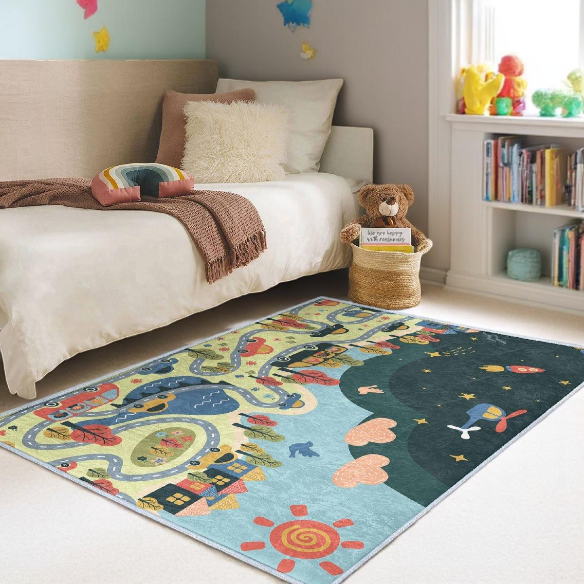 Colorful Adventure Town Kids Rug - Roads and Mountain Drive Toy Car ...