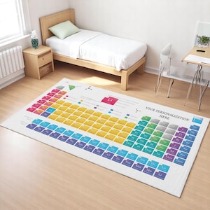 Periodiek tafelkleed | Aangepaste naam wetenschapsmat | Wasbaar antisliptapijt | Tienerkamerdecoratie | Cadeau voor liefhebbers van scheikunde | Slimme vloerstijl