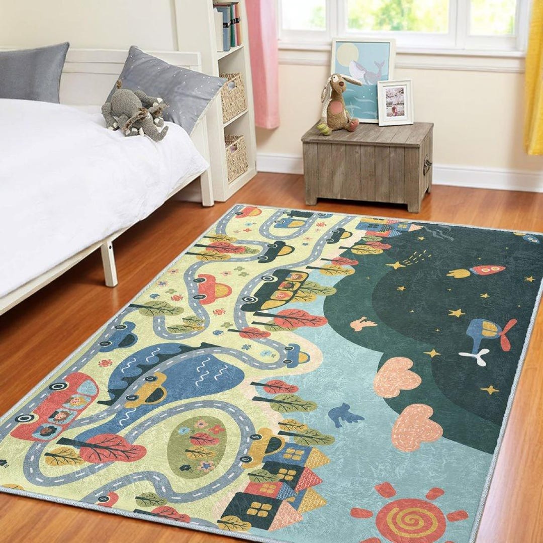 Colorful Adventure Town Kids Rug - Roads and Mountain Drive Toy Car ...