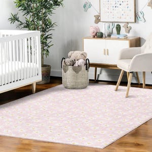Teppich für Mädchen, Gänseblümchen, Muster, Ultra weicher und sicherer Teppich für Mädchen, Kinderzimmer, 130x180 Waschbar, Rosa Teppich für Mädchen, rutschfest