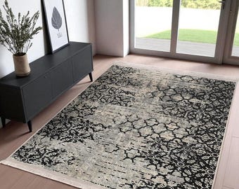 Faded Charcoal Beige Rug | Rustic Damask Print Carpet | Distressed Vintage Accent | Washable Non Slip Mat | Living Bedroom Hallway
