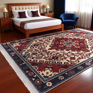 Crimson Navy Tribal Rug - Vintage Medallion Pattern - Washable Non Slip Floor Mat - Living Room Accent Decor - Persian Style Carpet