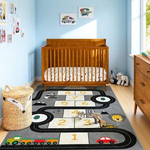 Gray Hopscotch Play Rug, Interactive Car Track Mat for Kids, Non-Slip Washable Play Mat for Toddler Room, Ultra Soft Playroom Rug