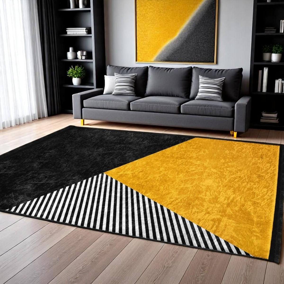 Black Yellow Stripe Rug | Modern Asymmetrical Geometric Carpet | 5x7 ...