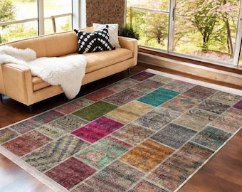 Contemporary Patchwork Area Rug, Boho Style Rectangle Kitchen Rug, Living Room Rug, 6x9 Washable Rug, Multicolor Tribal Floor Mat