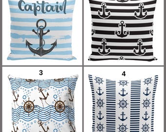 Striped Nautical Pillow Cover 17x17 | Black White or Blue Coastal Cushion | Anchor Sailboat Design Pillow Sham | Beach House Summer Decor
