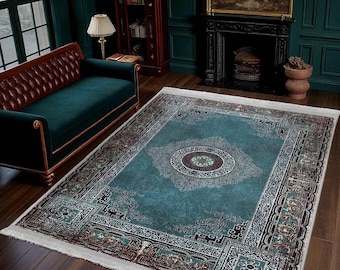 Vintage groen Perzisch vloerkleed| Diep blauwgroen medaillondesigntapijt| Machinewasbare antislipmat| Traditioneel boho-accent| Inrichting gastenkamer