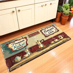 May include: Rectangular kitchen mat with a vintage coffee theme. The mat features illustrations of coffee pots, cups, and teapots on a wooden shelf. Text includes "Premium Roast", "Hot & Fresh", and "Brewed with Love". The color palette includes beige, brown, and red.