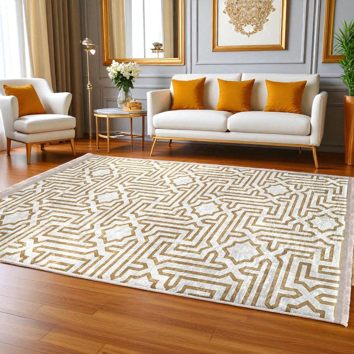 ベージュの幾何学模様迷路ラグ | モダンオリエンタルスタイル