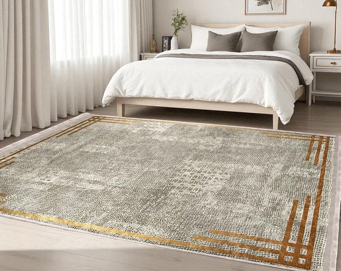 Golden Striped Beige Rug, Beige Gold Rug, Washable Area Rugs, Rugs for ...