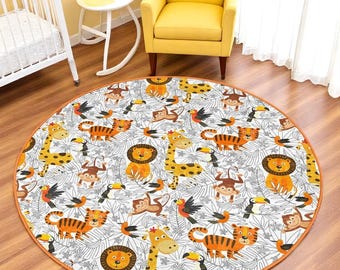 Safari Animal Round Rug - Yellow Orange Jungle Mat - Cute Kids Room Carpet - Washable Non Slip Play Rug- Nursery Room Decor