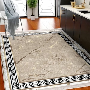 Beige Marble Rug - Greek Key Border - Washable Non Slip Area Rug - Gold Brown Veined Design - Elegant Modern Accent- Living Room Bedroom Mat