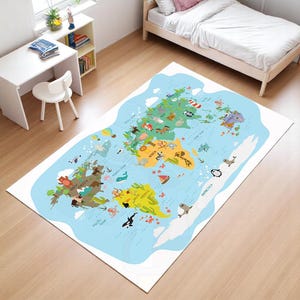 Fun and Smart Kinderteppich | Weicher Samt Tiere Weltkarte Teppich | Waschbar Nicht Rutsch Matte | Niedliches Dekor für Spielzimmer | Lernboden Geschenkidee