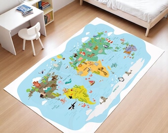 May include: A rectangular area rug featuring a colorful world map design with illustrations of animals and landmarks. The rug has a light blue ocean background and white borders, suitable for a child's bedroom or playroom.