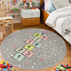 Gray Hopscotch Game Rug for Kids - Neutral Stars and Circles Design - Ultra Soft Non Slip Kids Round Carpet - Washable Nursery Play Mat