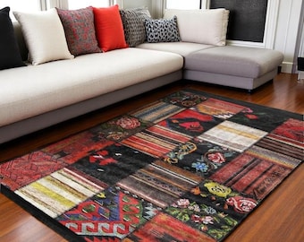Colorful Patchwork Rug – Boho Washable Non Slip Carpet – Vintage Kilim Collage Area Mat for Living Room or Kitchen