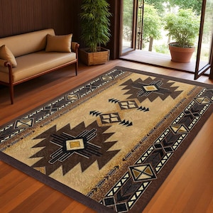 Rustic Aztec Geometric Rug – Earth Tone Ethnic Carpet – Modern Farmhouse Accent – Desert Brown Patterned Floor Mat- Entryway Bedroom Decor