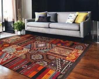 Nomadic Patchwork Area Rug, Bohemian Style Rectangle Kitchen Rug, Living Room Rug, 5x7 Washable Rug, Oriental Print Rug, Tribal Motif Rug