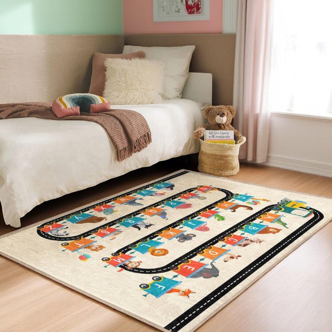 Classroom Train Rug Alphabet Train Kids Rug - Animal Wagons Letters Rug - Creamy Neutral ...