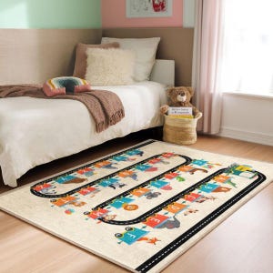 Alphabet Train Kids Rug - Animal Wagons Letters Rug - Creamy Neutral Color Childrens Carpet - Non Slip and Washable- Ultra Soft Nursery Rug