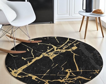 Black and Gold Marble Round Carpet – Washable Glam Decor