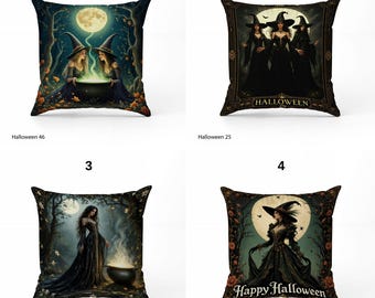 Witchy Halloween Pillow Covers – Gothic Witches, Moonlit Cauldron & Sorceress Designs – Washable Non-Fading Cushion Decor