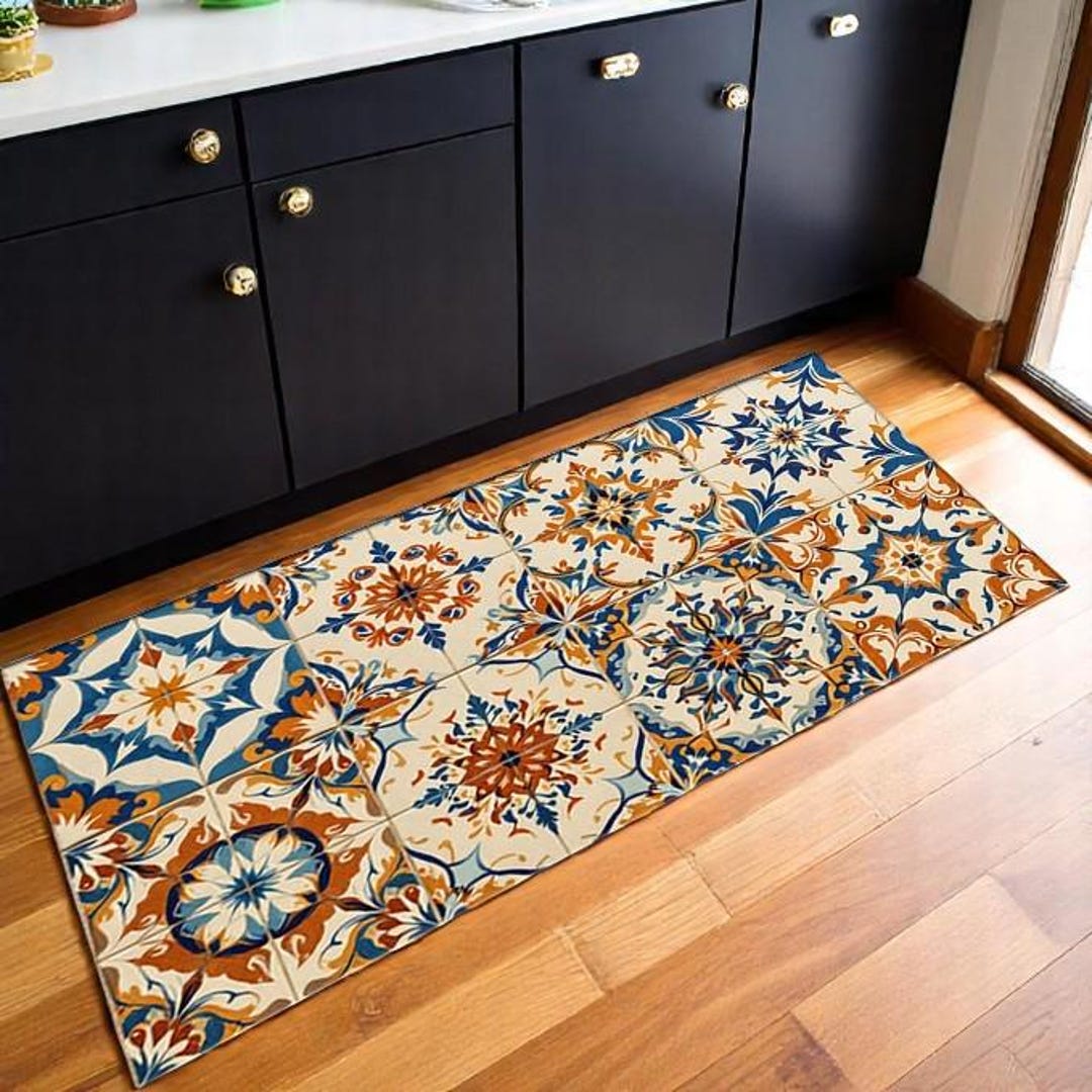 Mediterranean Tile Mat – Vintage Blue Orange Pattern Mat– Non-slip ...