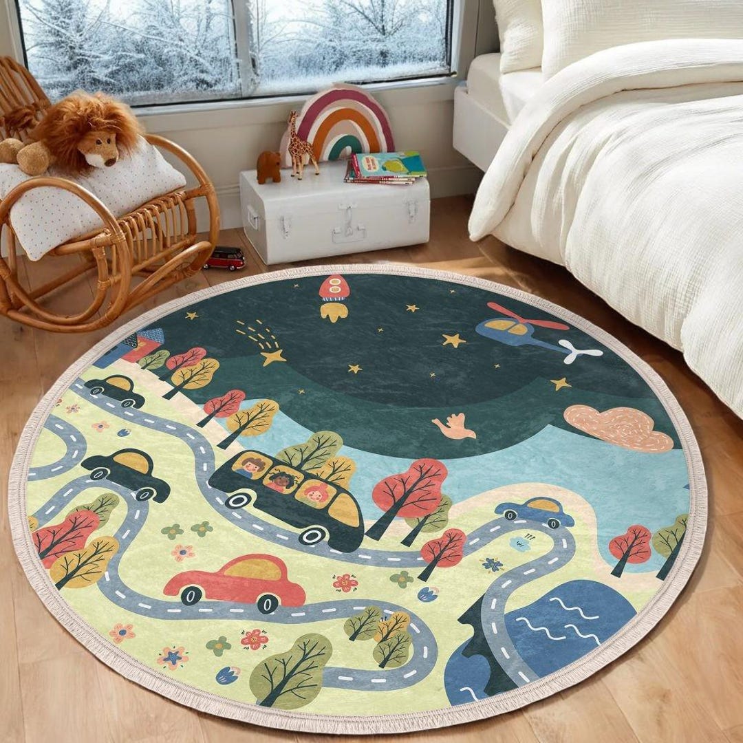 Whimsical Pastel City Road Rug - Cars, Flowers, Space Rocket- Colorful ...