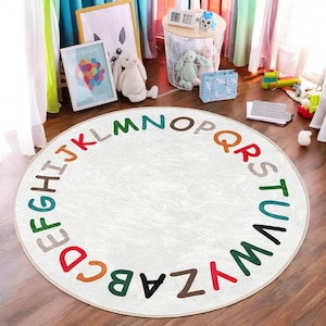 Runder Alphabet Teppich für Kinder, Weiße ABC Spielmatte für Kinder, 5 ft Kreis Weicher Kindergartenteppich, Neutralweißer Kinderzimmerteppich