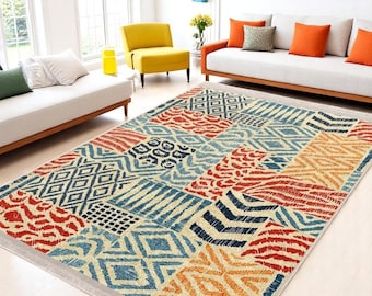 Multicolor Boho Area Rug, Colorful Living Room Rug, Pastel Color Patio Rug, 5x7 Washable Rug, Bedroom Rug, Rainbow Kitchen Rug, Gift for Mom