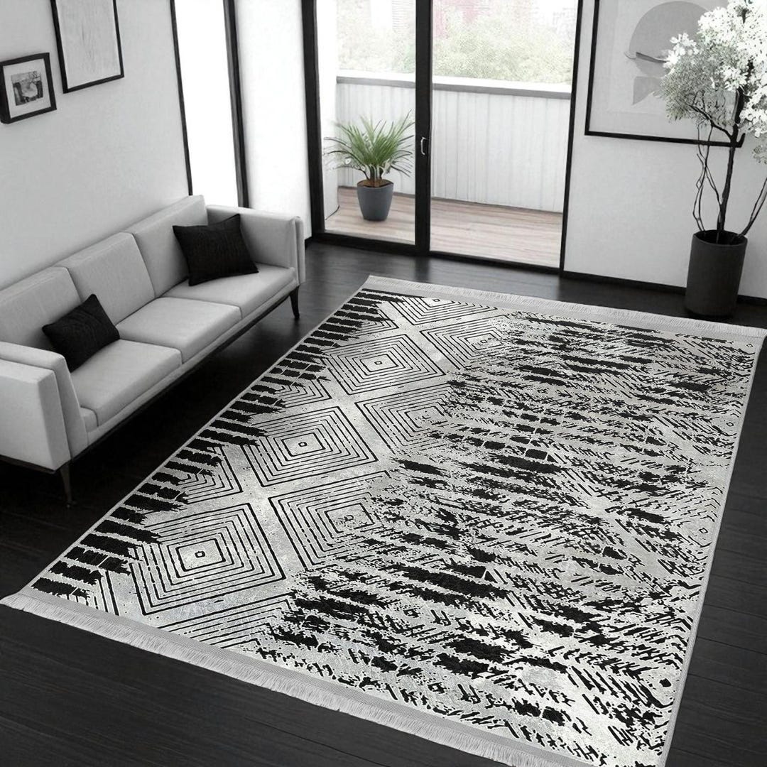 Monochrome Rug Pattern Monochrome Geometric Rug- Modern Black Light Gray Area Carpet- Washable ...