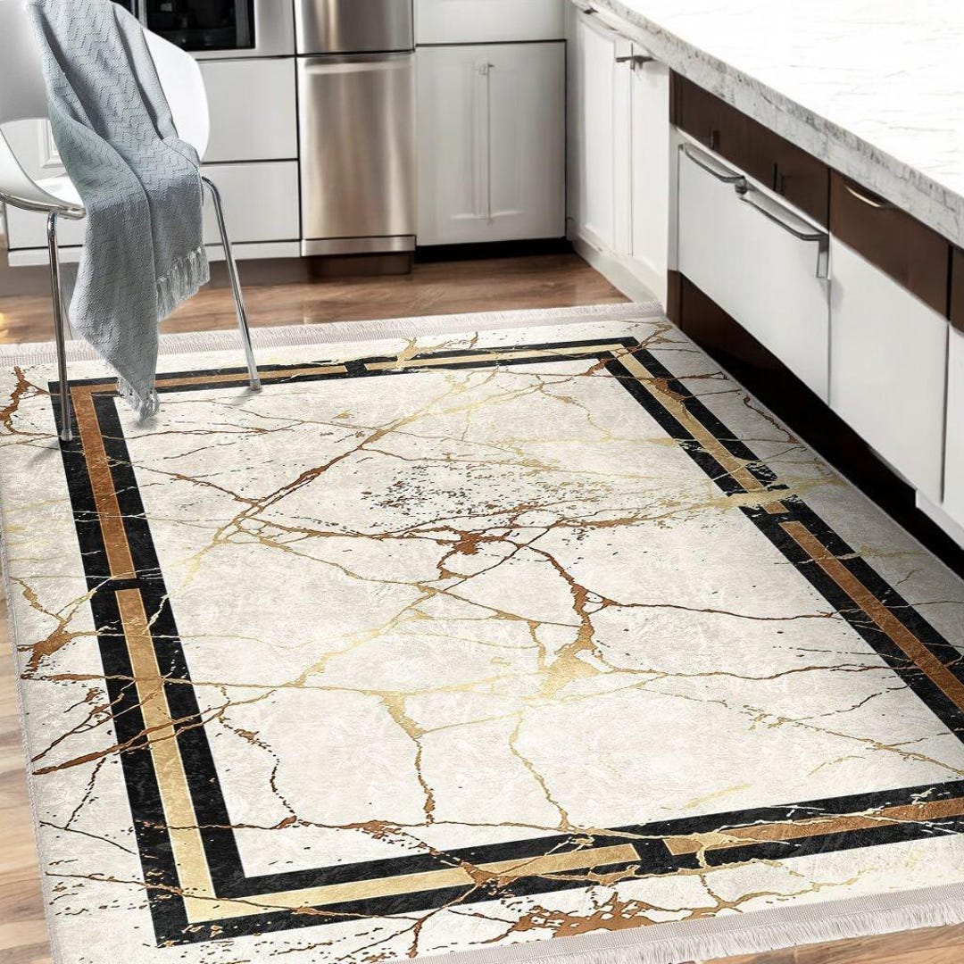 Marble Style Rug Beige Marble Area Rug, Gold Black Border, Modern Abstract Design - Etsy