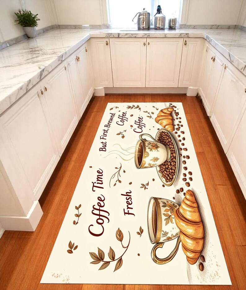 Cafe Rugs Cream Cafe Kitchen Rug| Hand Drawn Coffee Croissant| Quote Accent ...