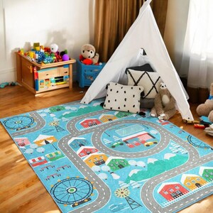 Blauer Winter Straßenteppich - Bunte Spaß Stadt Karte - Riesenrad Zeichnung für Kinder - Maschinenwaschbare rutschfeste Matte - Car Track Spielmatte