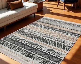 Tribal Boho Area Rug –  Ethnic Geometric Carpet – Cream Beige Black Aztec Decor - 6x9 Washable Non Slip Rug- Soft Touch Living Room Rug