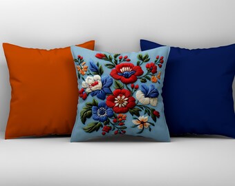Light Blue Floral Pillow Cover - 20x20 Embroidered Style Print Sham - Burnt Orange & Navy Accent Sham - Easy Clean Decor Cushion Cover