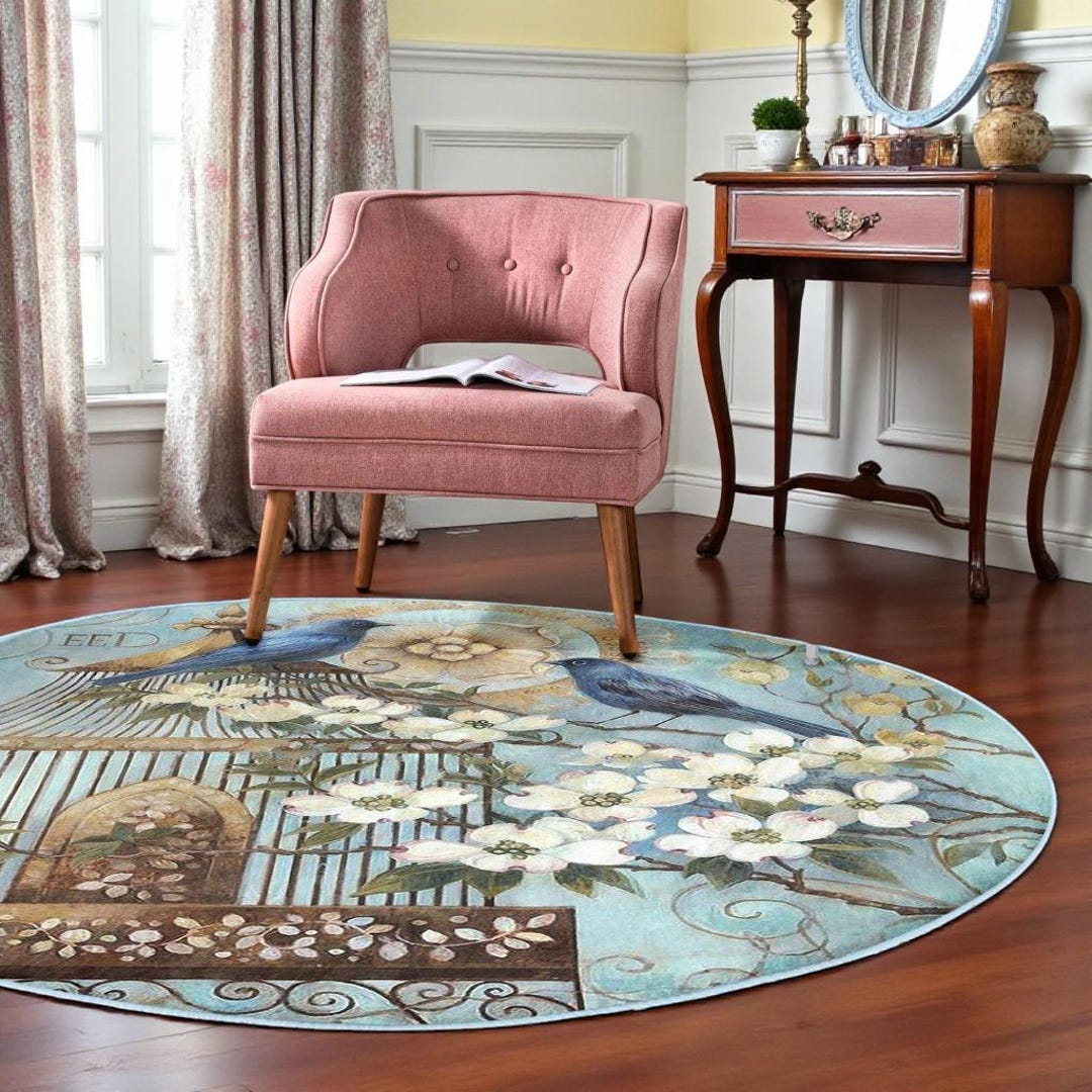 Round Blue Bird Rug – Vintage Floral Cottagecore Washable Carpet - Etsy