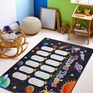 Multiplikation Weltraum Teppich - Marineblauer Kinderteppich - Lernen mit Planeten - Rutschfest und maschinenwaschbar - Lernteppich