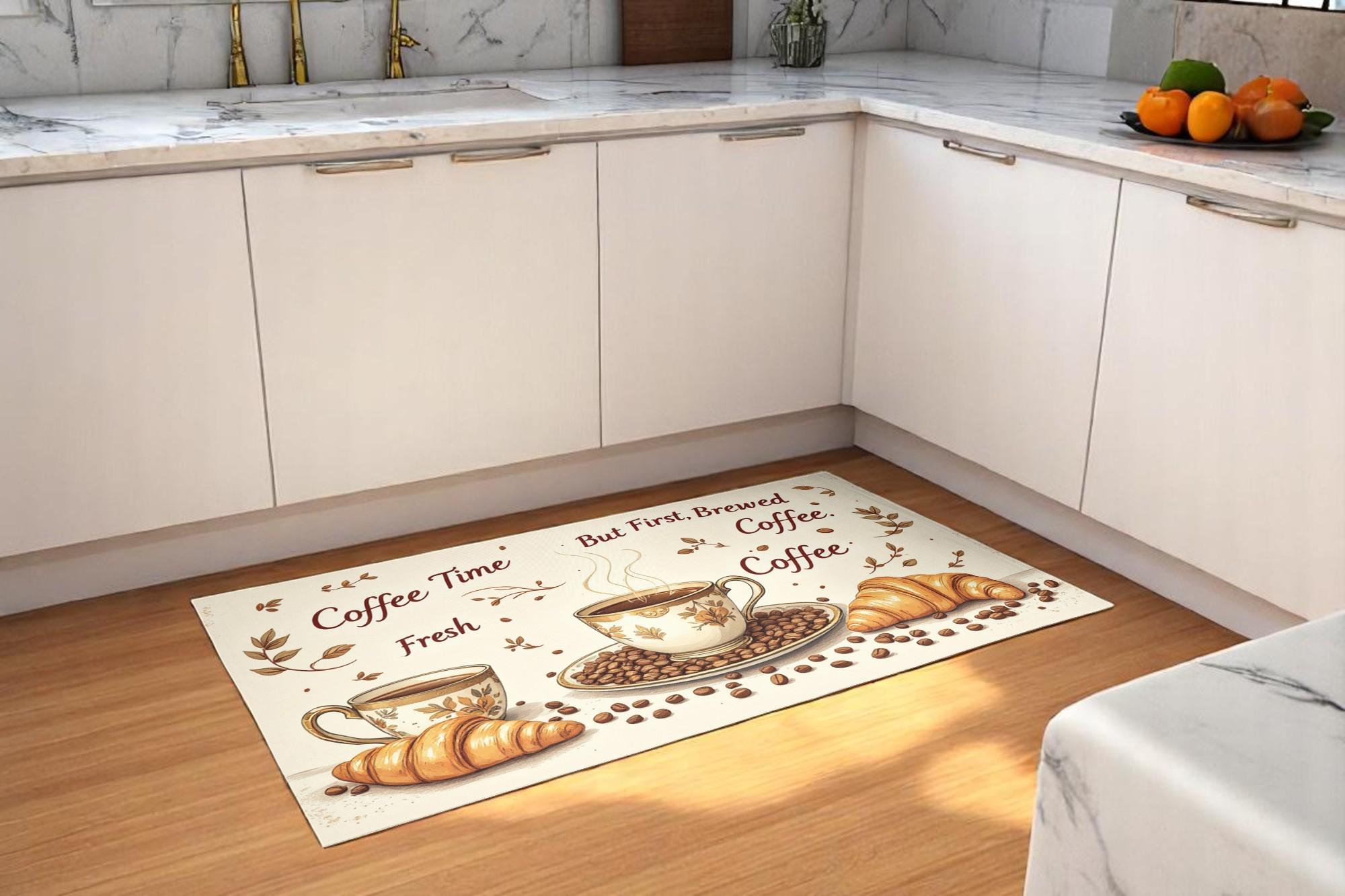 Cafe Rugs Cream Cafe Kitchen Rug| Hand Drawn Coffee Croissant| Quote Accent ...