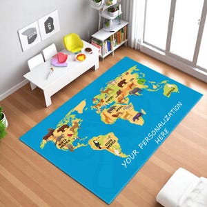 Personalisierte Weltkarte Kinderteppich | Süße Tiere Dekor | Weiche waschbare Matte | Rutschfester Lernteppich | Bunter Teppich für Kinderzimmer