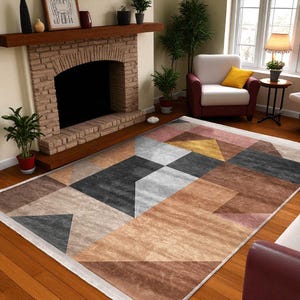 Geometric Earth Tone Rug - Washable Modern Area Carpet - Abstract Shapes with Warm Colors- Soft Non Slip Floor Mat- For Living Room or Entry