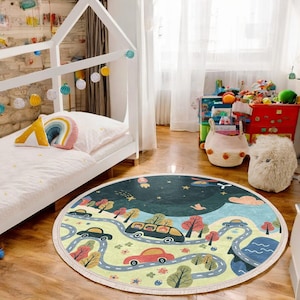 Whimsical Pastel City Road Rug - Cars, Flowers, Space Rocket- Colorful Round Play Mat - Non Slip, Soft Washable Kids Rug- Imagitive Play Rug