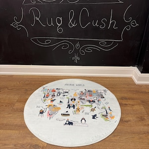 Rond vloerkleed wereldkaart, wit educatief kindertapijt, 5 ft machinewasbaar antislip kinderkleed, speelkleed voor peuters