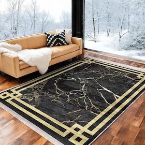 Gold Black Marble Area Rug, Contemporary Kitchen Rug, Modern Living Room Rug, 6x9 Washable Rug, Luxury Runner Rug , Elegant Entry Accent