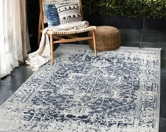 Vintage Style Area Rug, Distressed Rectangle Kitchen Rug, Antique Living Room Rug, 6x9 Washable Rug, Blue Gray Rug, Gift for Housewarming