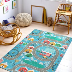 Blaue Winter Straße Kindergarten Teppich - Bunte Spaß Stadt Karte - Riesenrad Zeichnung für Kinder - Maschinenwaschbare rutschfeste Matte - Car Track Spielmatte