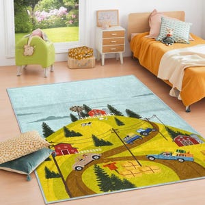 Hemelsblauw boerderijspeelkleed - Green Hill-ontwerp kinderkamertapijt - Toy Car Drive Roads voor kinderen - machinewasbaar en antislip-tapijt voor peuters