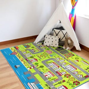 My City Lernteppich - Kennen Sie meine Stadt Fantasievolle Spielmatte - Bunte Straßen Schule Krankenhaus Auto Track Teppich - Rutschfester, maschinenwaschbarer Teppich