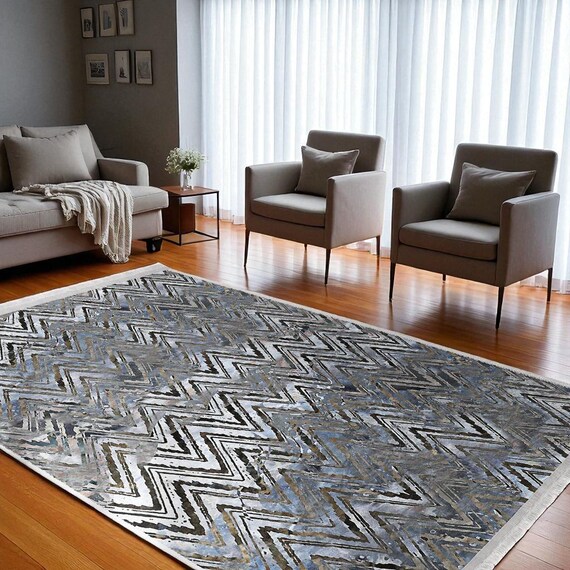 Modern Zigzag Grey Rug | Chevron Pattern Washable Carpet | Light