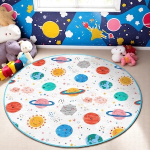 Adorable Cream Space Rug for Kids – Round Galaxy Planet Mat – Washable Non Slip Play Carpet – For Nursery Bedroom or Playroom